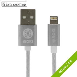 Moki Braided Lightning SynCharge Cable Apple Licensed - Silver