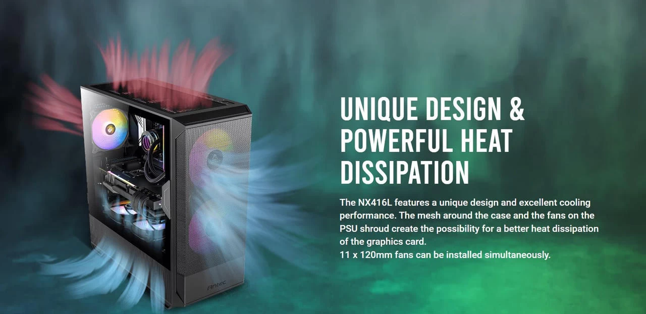 ANTEC NX416 Mesh ATX. USB-C X1, USB 3.0 X. 2x ARGB 160mm + 1x ARGB 120mm Fans. LED & PWM Controller. SSD Storage, Cable Routing, Black Gaming Case 3 ANTEC NX416 Mesh ATX. USB-C X1, USB 3.0 X. 2x ARGB 160mm + 1x ARGB 120mm Fans. LED & PWM Controller. SSD Storage, Cable Routing, Black Gaming Case