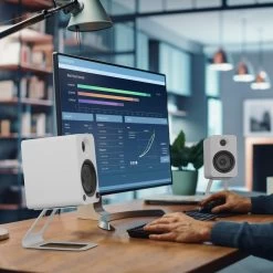 Kanto YU4 140W Powered Bookshelf Speakers With Bluetooth® And Phono Preamp - Pair, Matte White With SE4W White Stand Bundle -Office Electronics Store KO YU4MW SE4W 55376.1713981579