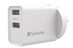 VERBATIM USB Charger Dual Port 2.4A - White Twin Port Wall Charger