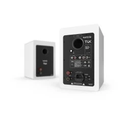 Kanto TUK 260W Powered Bookshelf Speakers With Headphone Out, USB Input, Dedicated Phono Pre-amp, Bluetooth - Pair, Matte White With SX22W White Stand Bundle -Office Electronics Store TUKMW IMG03 AngleRear fd194038 be1f 4274 b353 316340a3d9d6 50750.1713981722