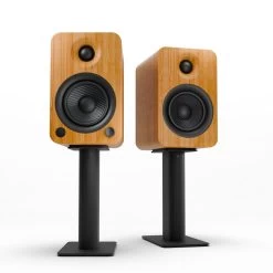 Kanto YU4 140W Powered Bookshelf Speakers With Bluetooth® And Phono Preamp - Pair, Bamboo With SP9 Black Stand Bundle -Office Electronics Store YU4BAMBOO SP9 StudioRender 30055.1713980609